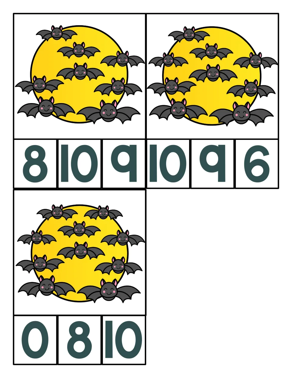 Counting bats 8 to 10: three clip cards with 8, 9 and 10 bats on a moon; students count and clip the matching number