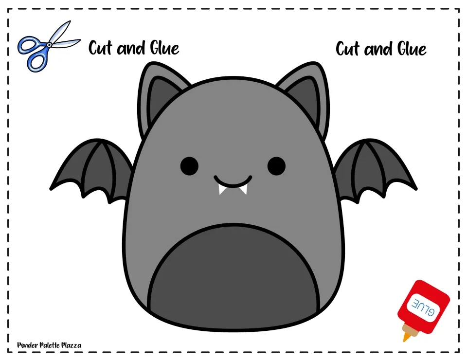 Cut and Glue bat craft cover showing the finished smiling gray bat with fangs, pointed ears, wings and a dark belly