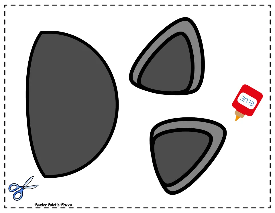 Bat belly and ear cut-out pieces: a dark half-oval belly and two pointed two-tone ears to cut out and glue onto the body
