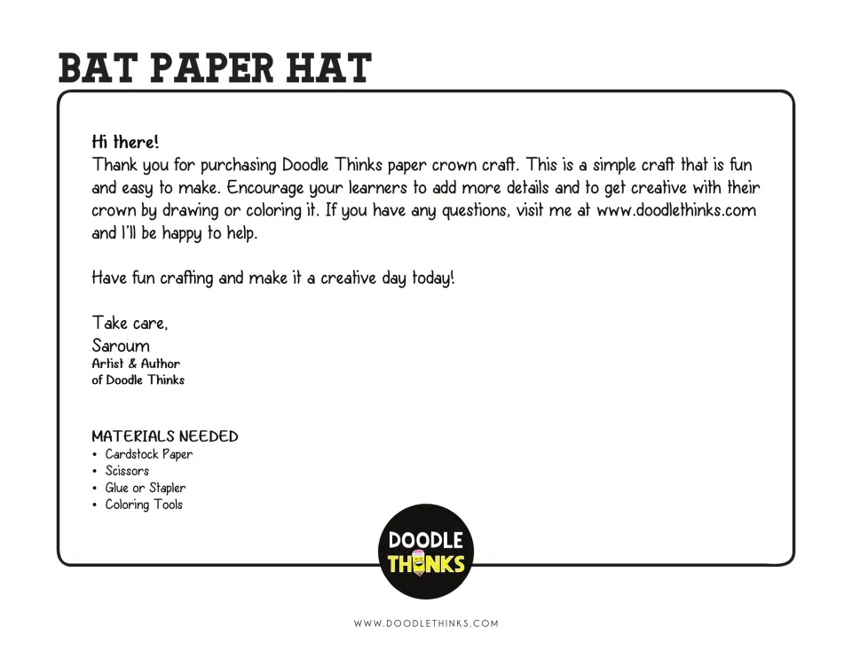Bat Paper Hat intro note from the author with a materials list: cardstock, scissors, glue or stapler and coloring tools