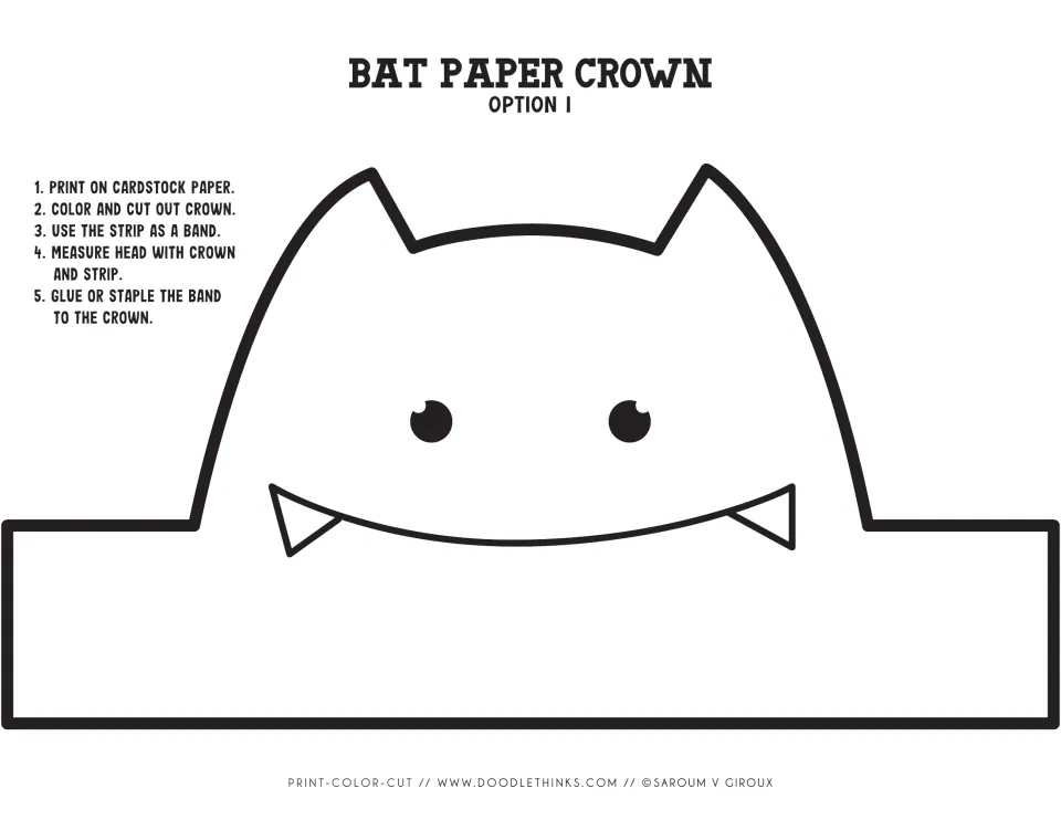 Bat paper crown, option 1: students color and cut out a blank bat face with ears and fangs, following 5 assembly steps