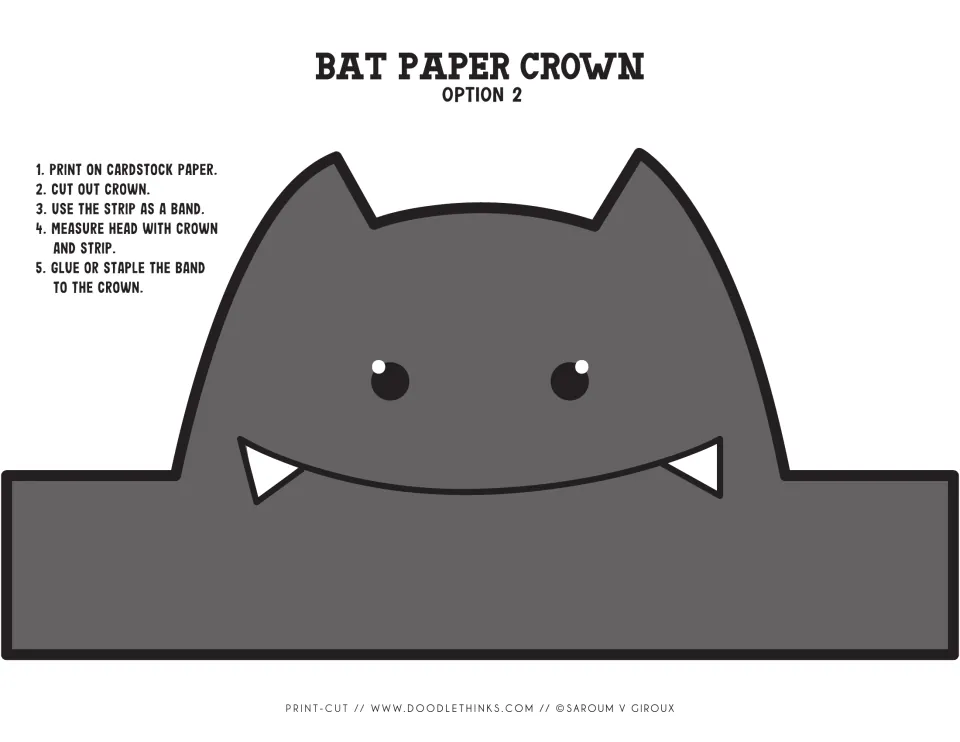Bat paper crown, option 2: a pre-colored gray bat face with white fangs that students cut out and attach to a band