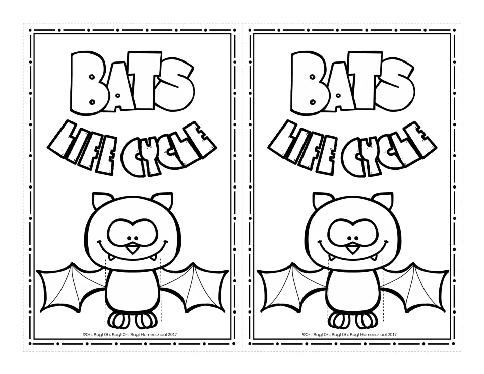 Black and white bat slider holders: two outline Bats Life Cycle cards to color, each with dashed slits for the strips