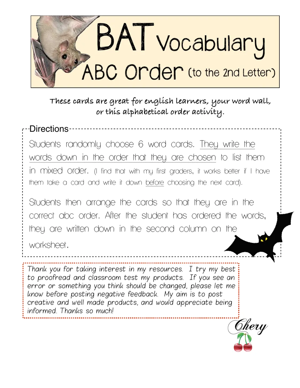 Bat vocabulary activity directions: choose six word cards, record them, then arrange and rewrite in ABC order