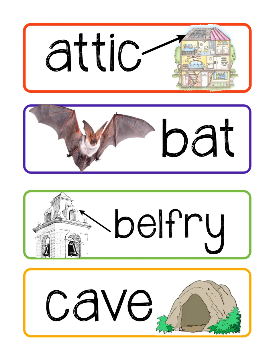 Bat vocabulary cards 1–4: attic, bat, belfry, and cave, each paired with a picture to support word meaning