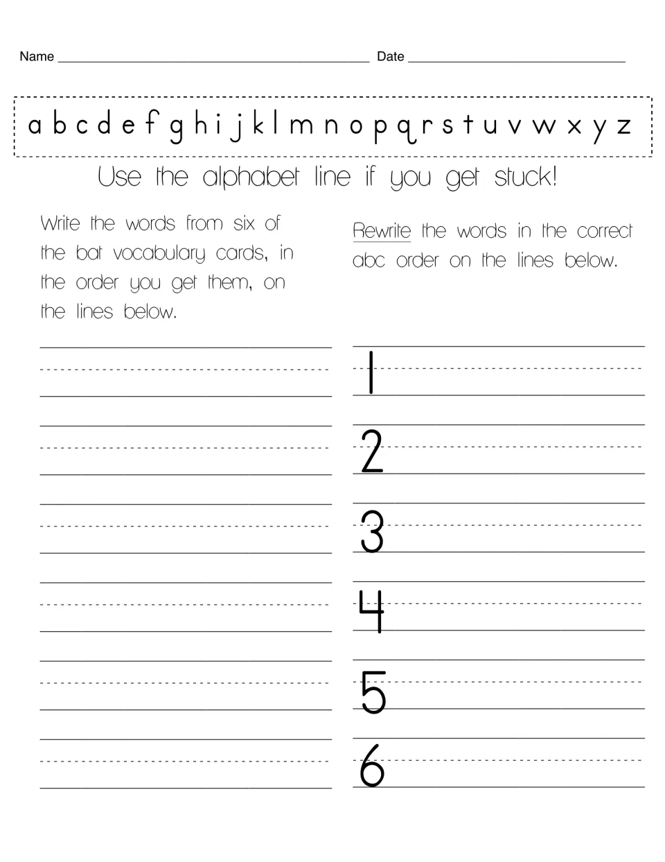 Bat ABC order recording sheet: write six vocabulary words as selected, then rewrite them alphabetically