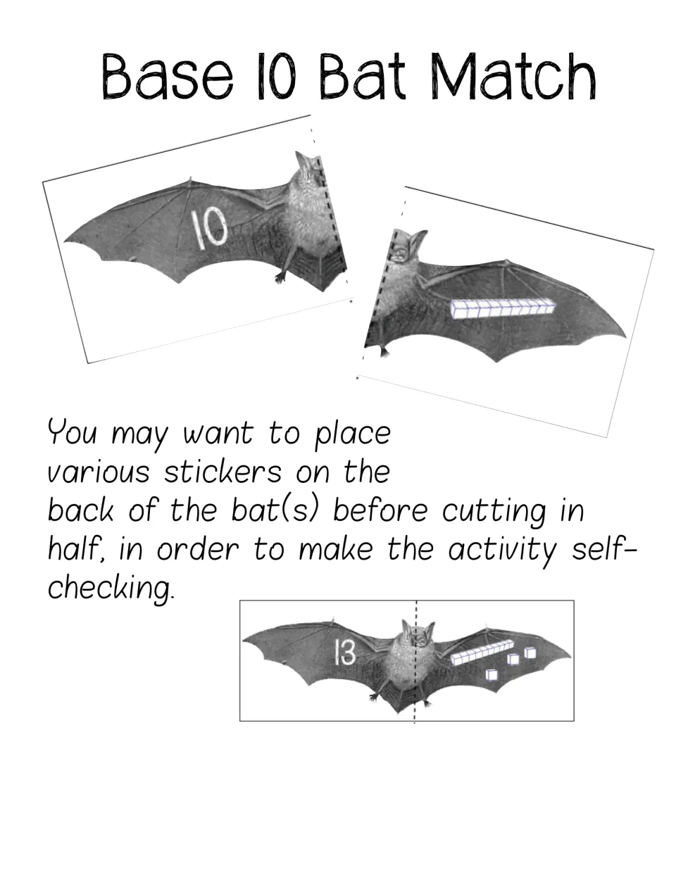 Base 10 Bat Match directions show matching bat halves and suggest adding stickers before cutting for self-checking