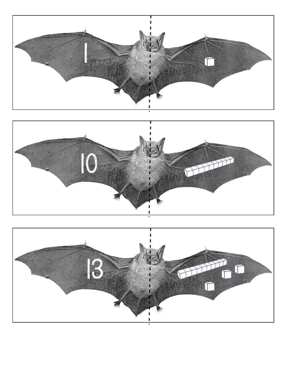 Three base-ten bat puzzles match 1, 10, and 13 to one unit cube, one ten rod, and one ten rod plus three cubes