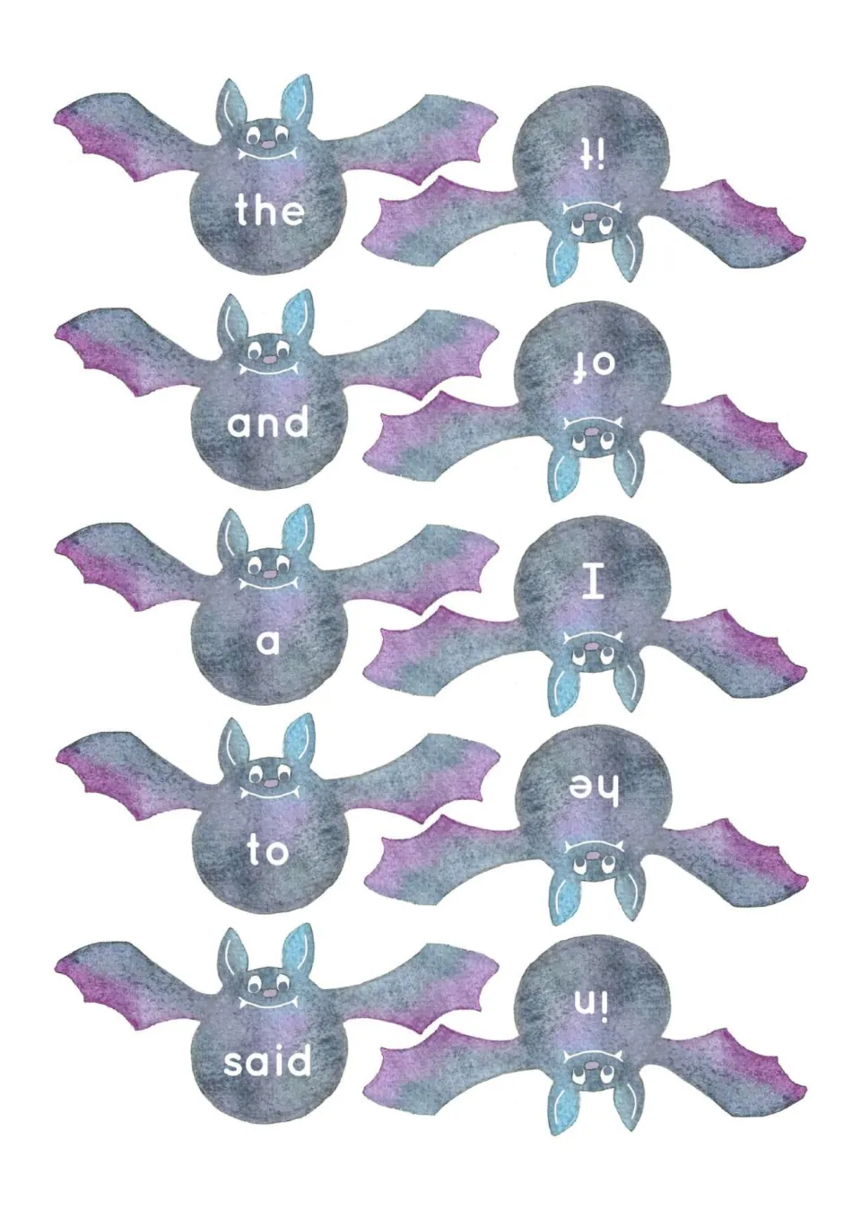 High-frequency word flashcards 1–10 on bat cutouts: the, and, a, to, said, in, he, I, of and it