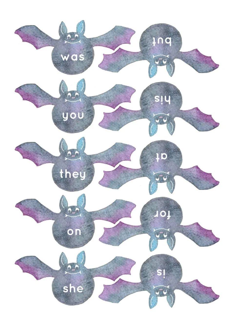 High-frequency word flashcards 11–20 on bat cutouts: was, you, they, on, she, is, for, at, his and but