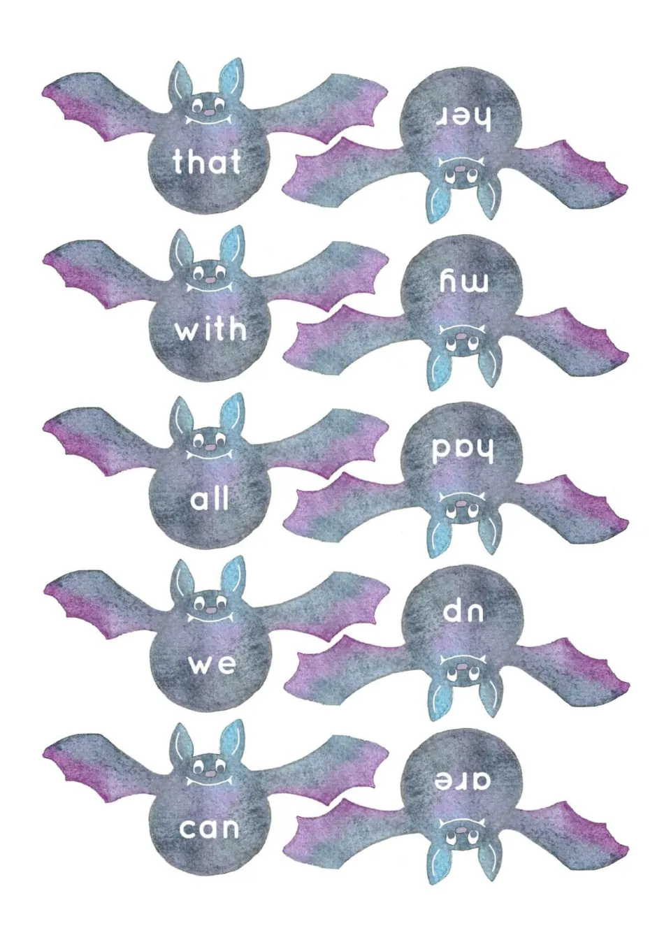 High-frequency word flashcards 21–30 on bat cutouts: that, with, all, we, can, are, up, had, my and her