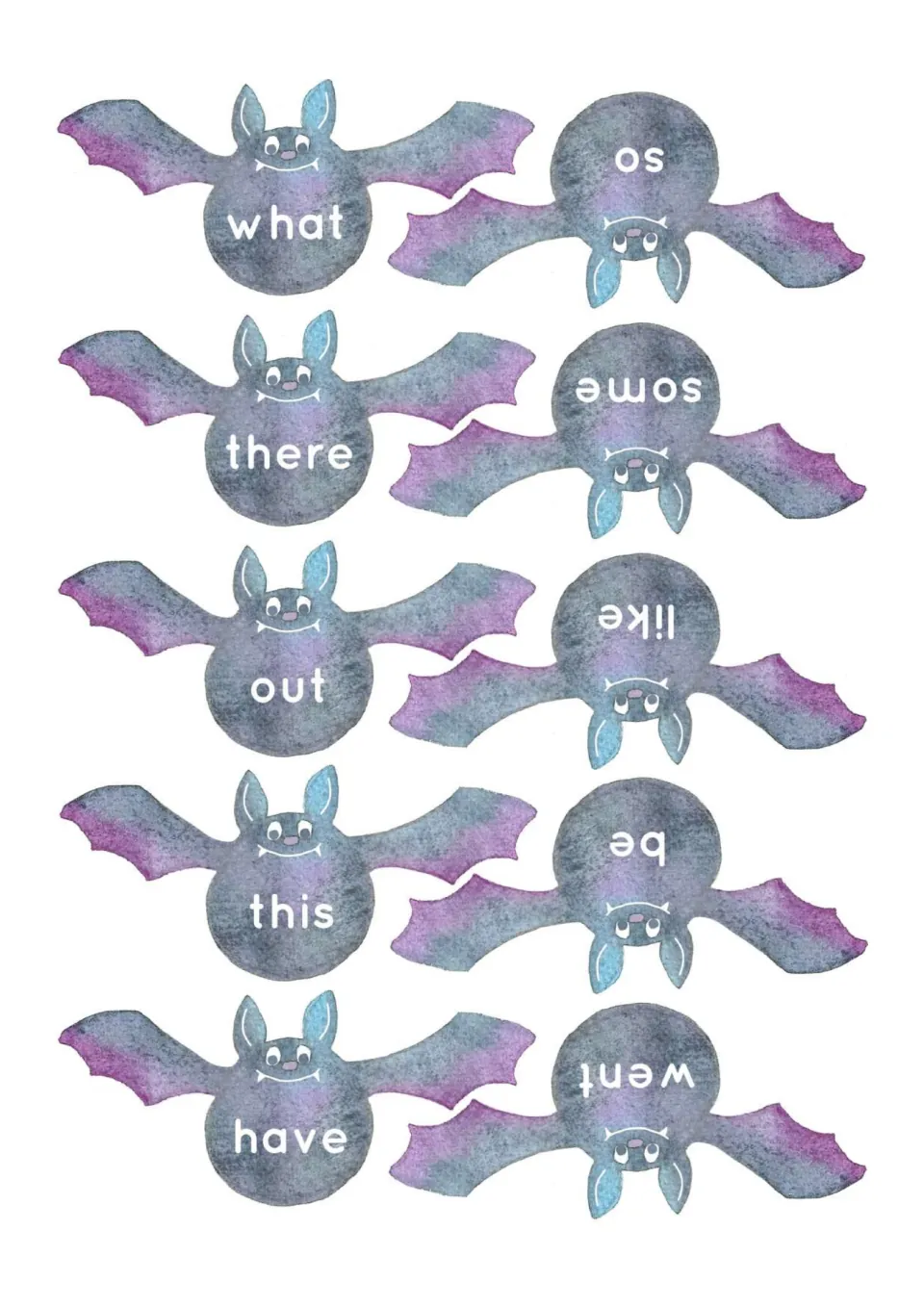 High-frequency word flashcards 31–40: what, there, out, this, have, went, be, like, some and so