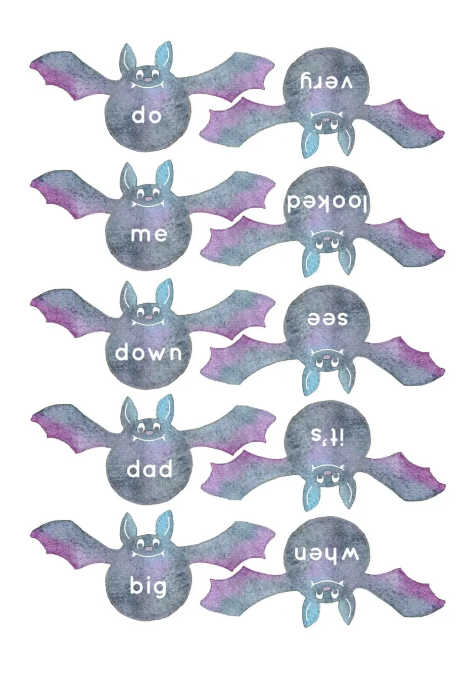 High-frequency word flashcards 51–60: do, me, down, dad, big, when, it's, see, looked and very