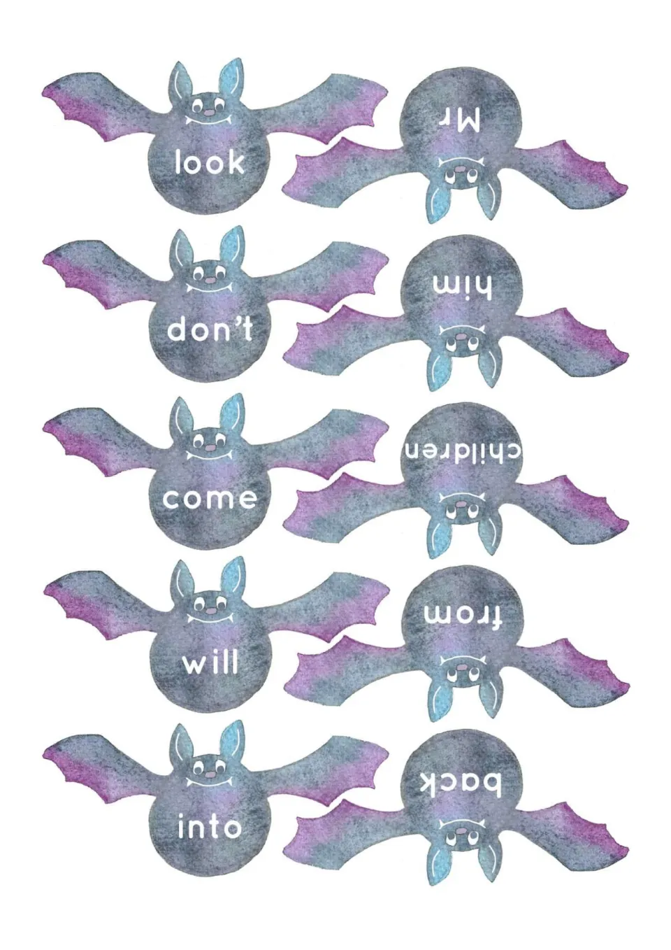 High-frequency word flashcards 61–70: look, don't, come, will, into, back, from, children, him and Mr