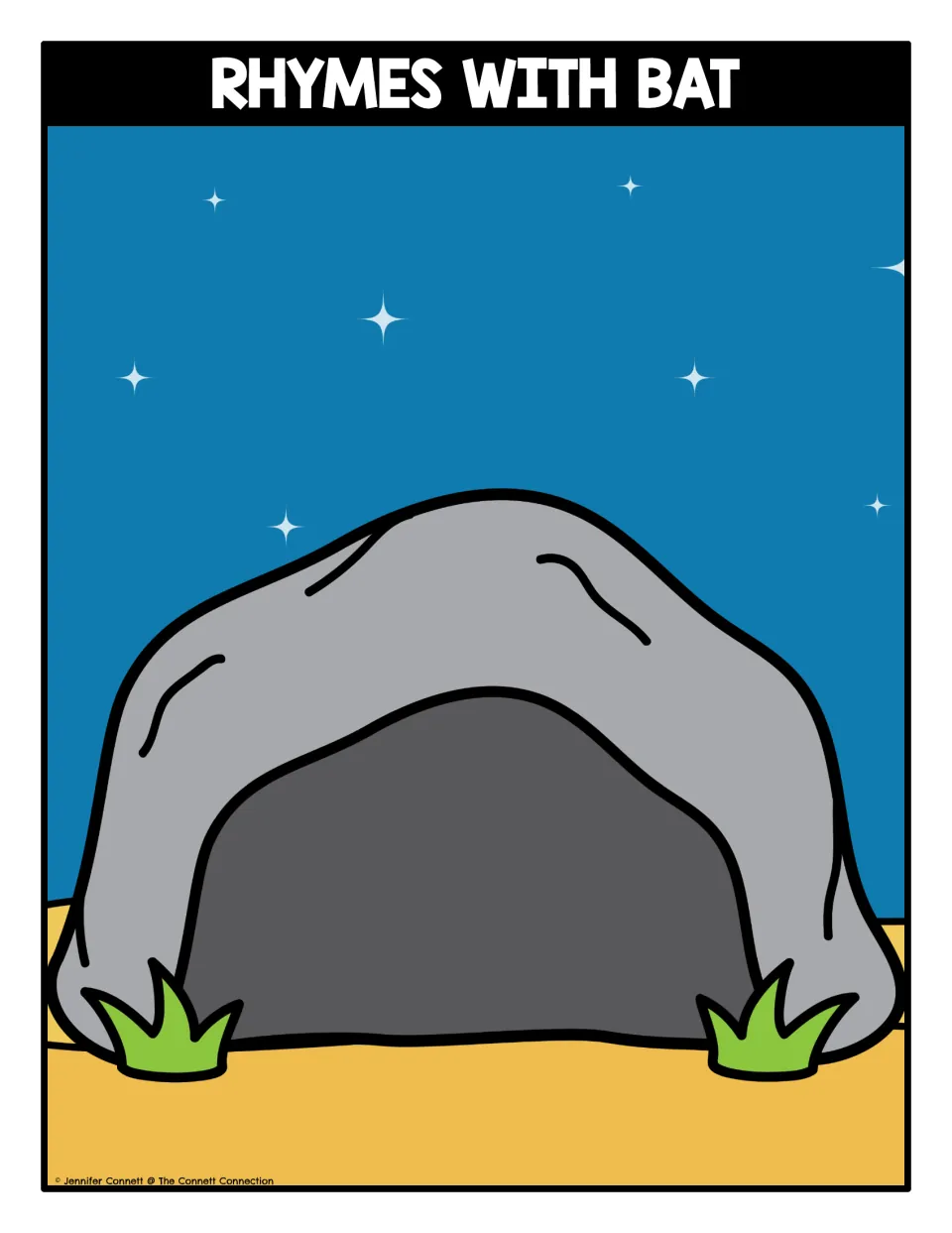 Rhymes with Bat sorting mat: a cave under a starry night sky where students place bat cards whose words rhyme with bat