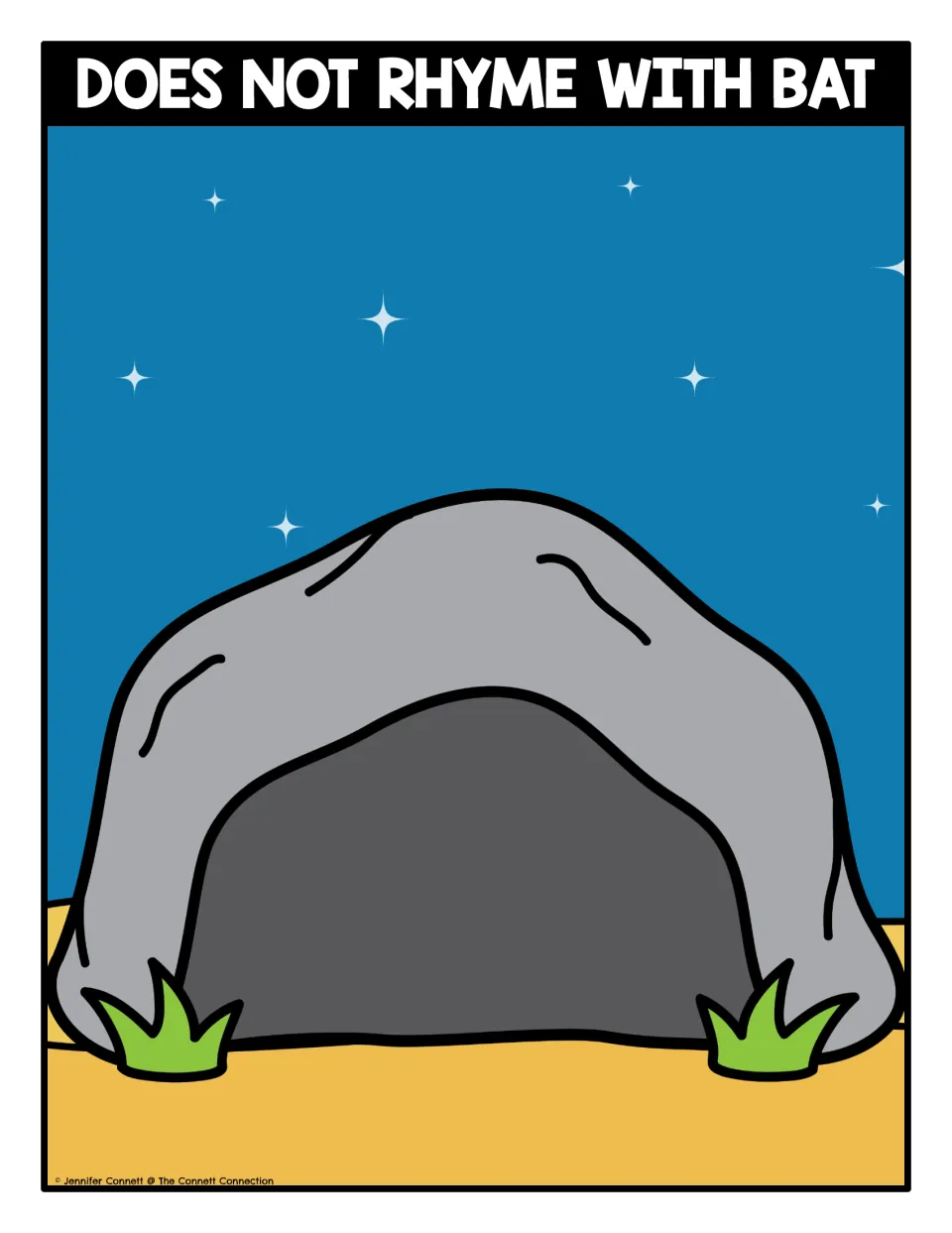 Does Not Rhyme with Bat sorting mat: a cave scene where students place bat cards with words that do not rhyme with bat