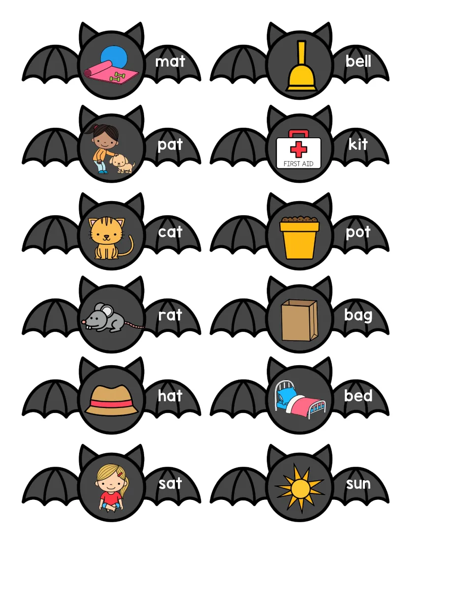 Rhyme sort cards: 12 bat cut-outs with pictures and words such as mat, cat, hat and rat versus bell, kit, pot, bag and sun