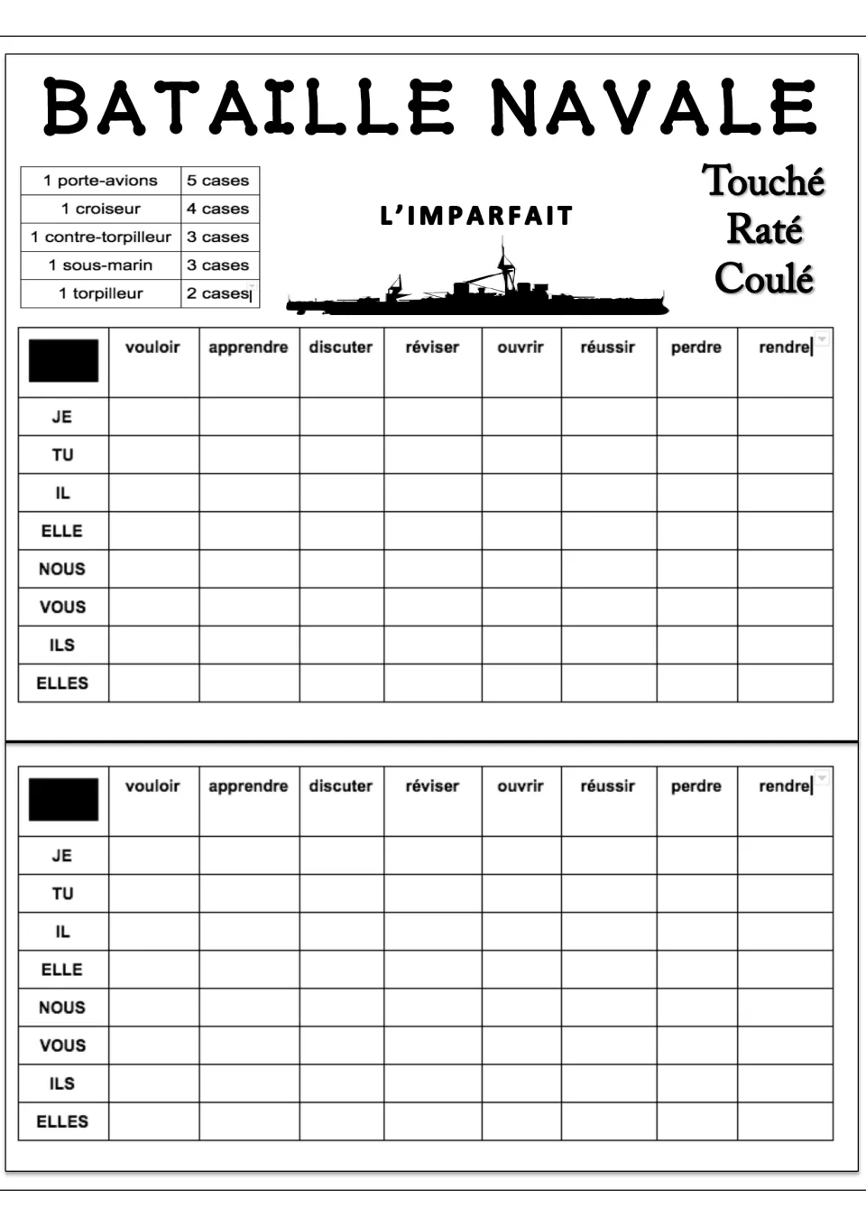 French imperfect Battleship version 1: two boards featuring vouloir (to want), apprendre (to learn) and six more verbs
