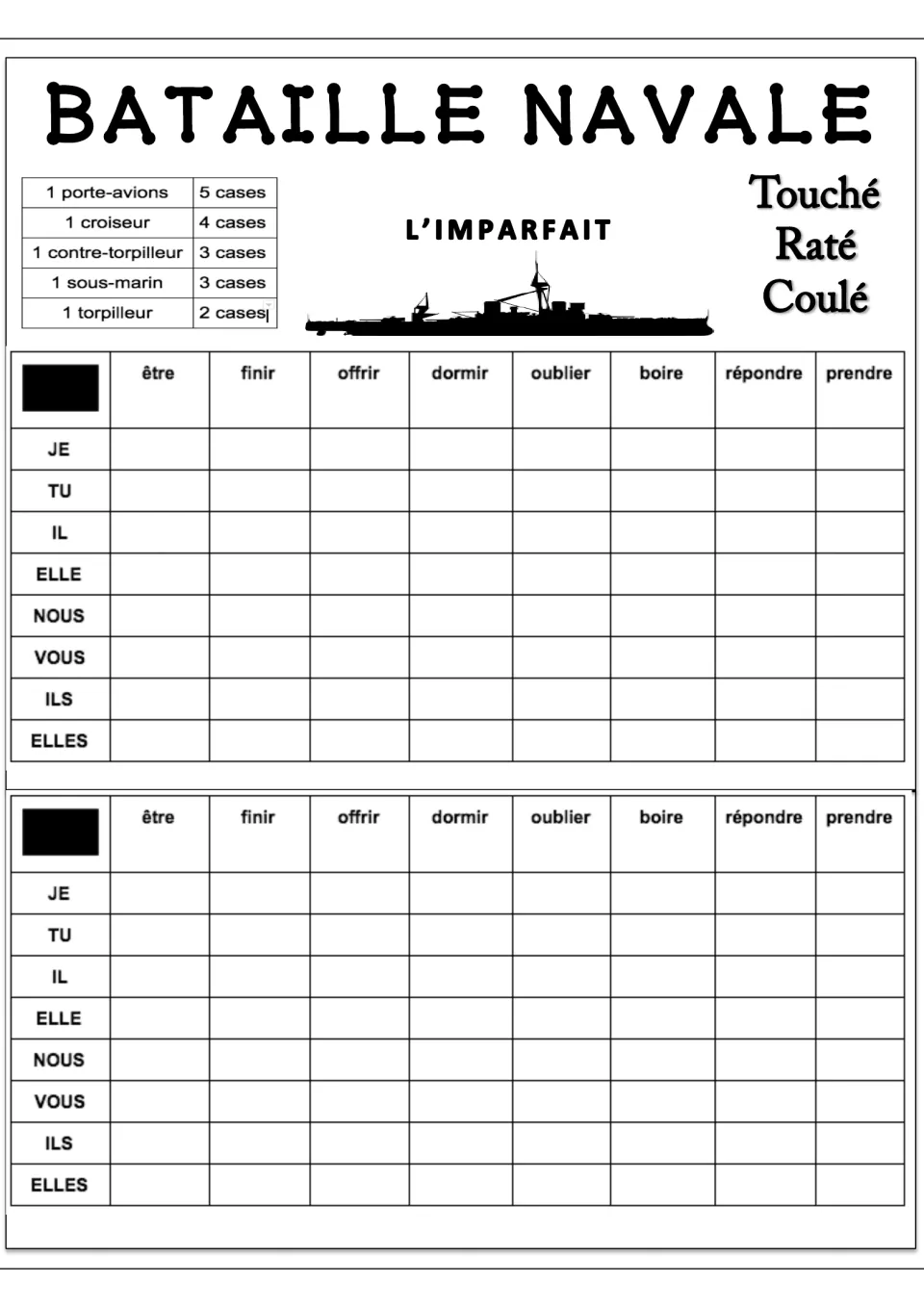 French imperfect Battleship version 2: two boards featuring être (to be), finir (to finish) and six more verbs