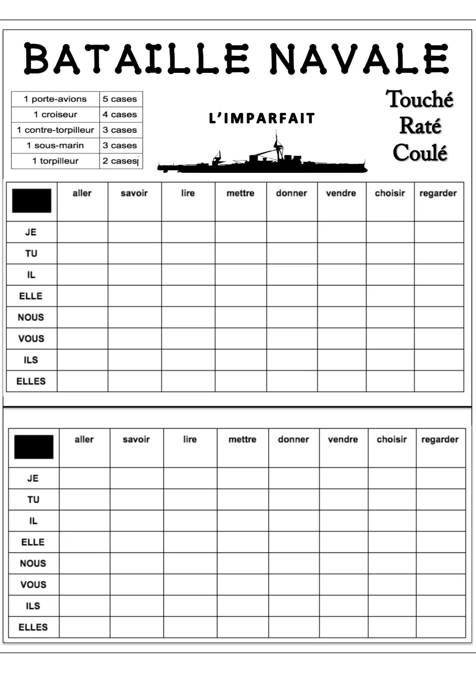 French imperfect Battleship version 3: two boards featuring aller (to go), savoir (to know) and six more verbs