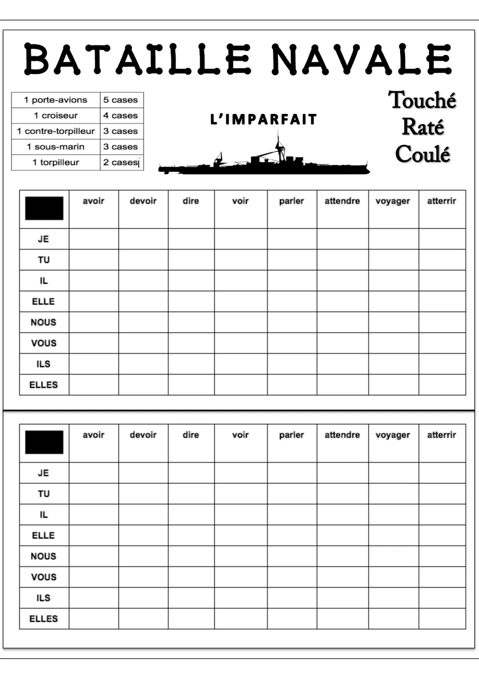 French imperfect Battleship version 4: two boards featuring avoir (to have), dire (to say) and six more verbs