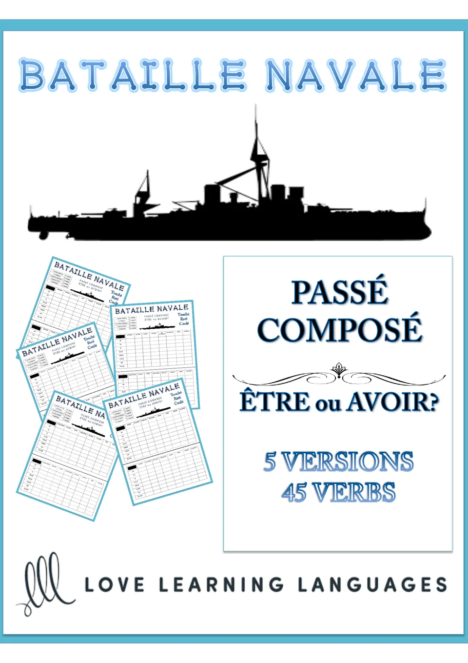 Bataille Navale cover: French passé composé game with être ou avoir, 5 versions and 45 verbs, with battleship board previews