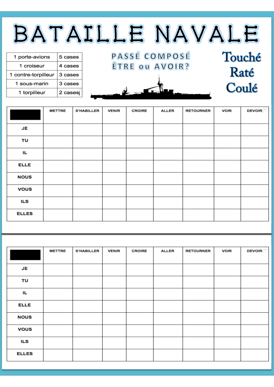 Passé composé battleship, version 2: students conjugate mettre, s'habiller, venir, croire, aller, retourner, voir, devoir