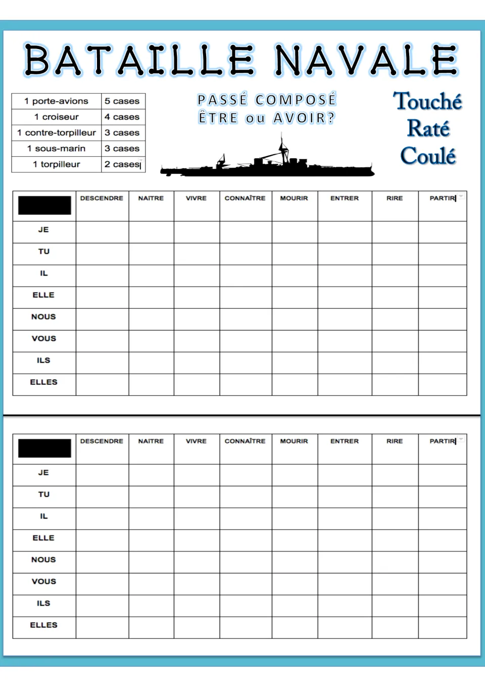 Passé composé battleship, version 3: students conjugate descendre, naître, vivre, connaître, mourir, entrer, rire, partir