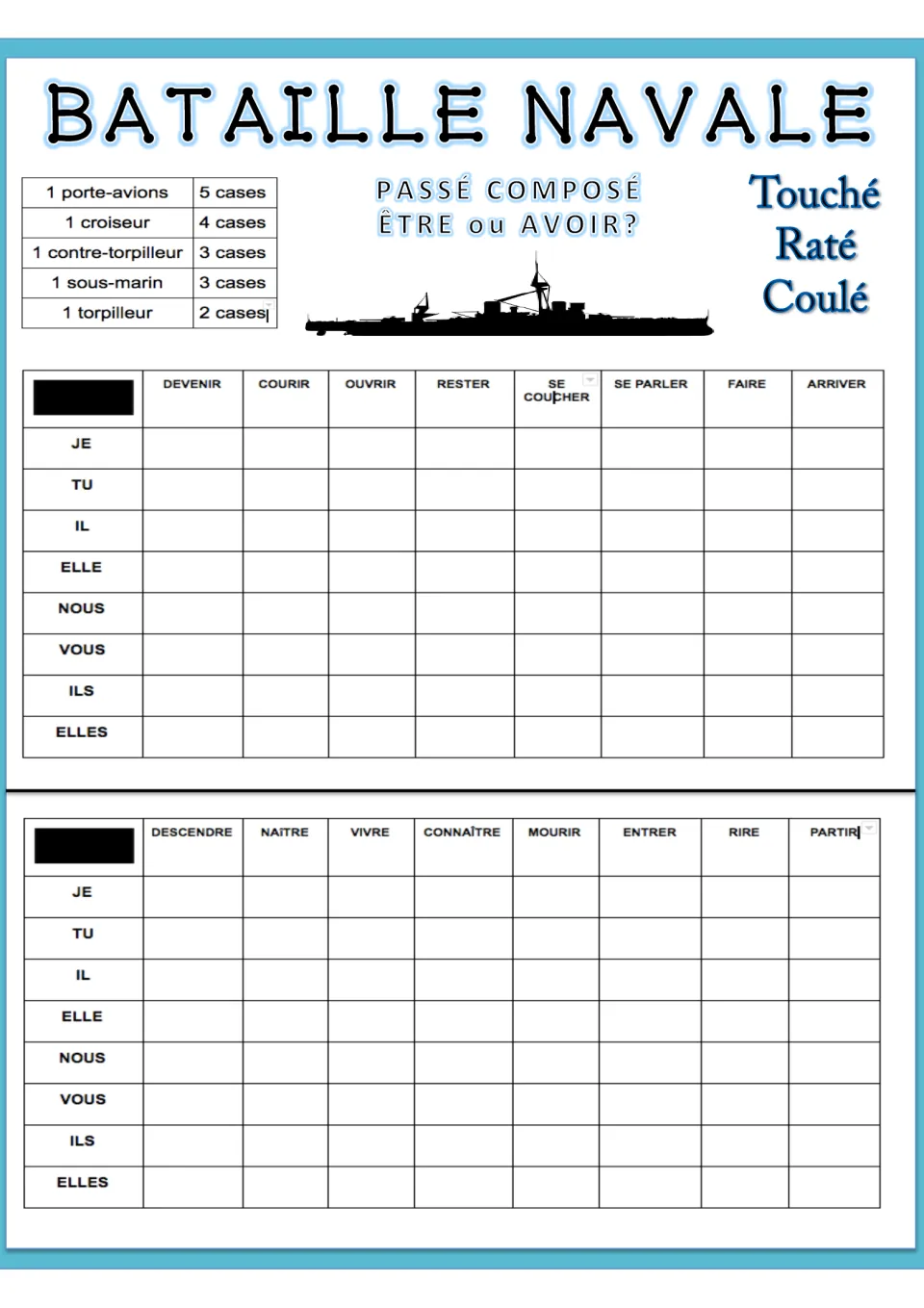 Passé composé battleship, version 4: top grid has devenir, courir, ouvrir, rester, se coucher, se parler, faire, arriver