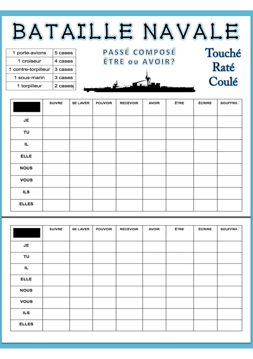 Passé composé battleship, version 5: students conjugate suivre, se laver, pouvoir, recevoir, avoir, être, écrire, souffrir