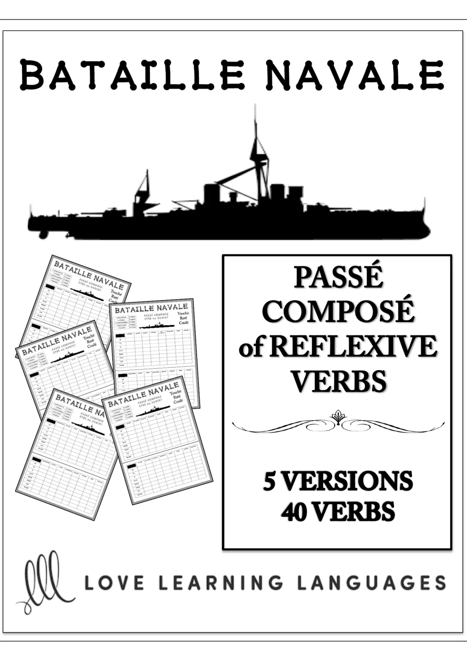 Cover of the French reflexive verb Battleship activity: passé composé practice, five versions and 40 verbs