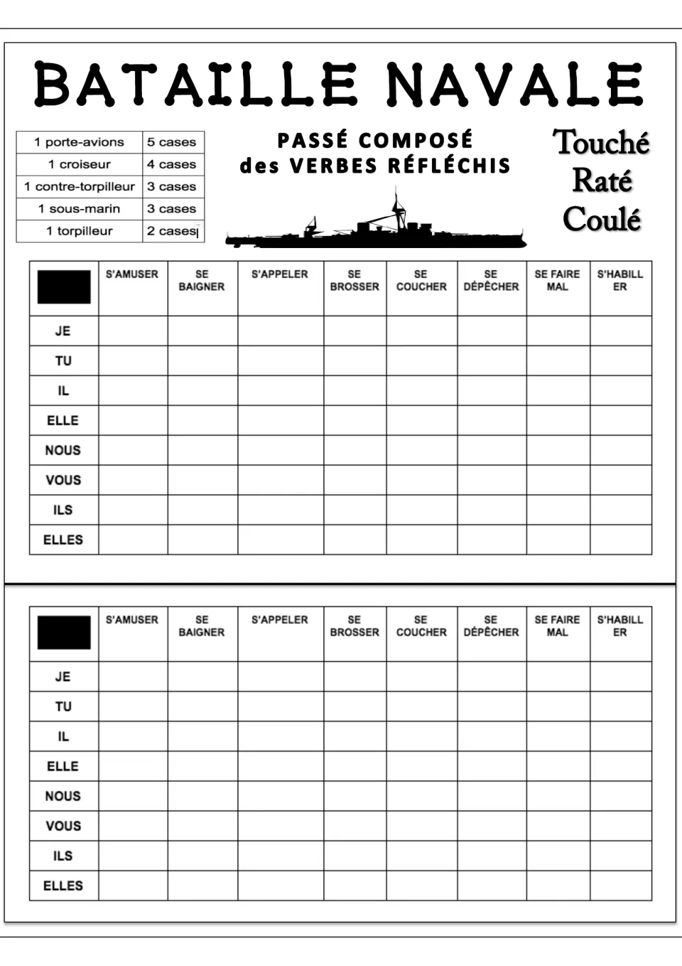 Game version 1 repeats eight French verbs, including s'amuser (have fun) and se baigner (bathe), for past tense practice