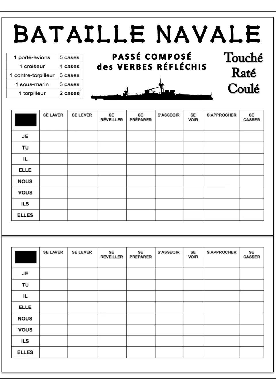 Game version 2 repeats eight French verbs, including se laver (wash) and se lever (get up), for past tense practice