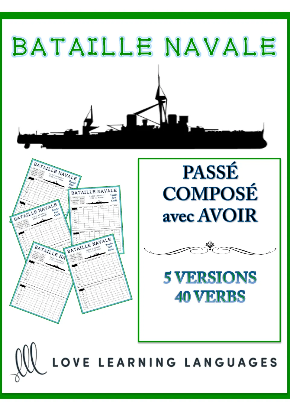 Bataille Navale (Battleship) passé composé with avoir cover, listing 5 game versions and 40 verbs