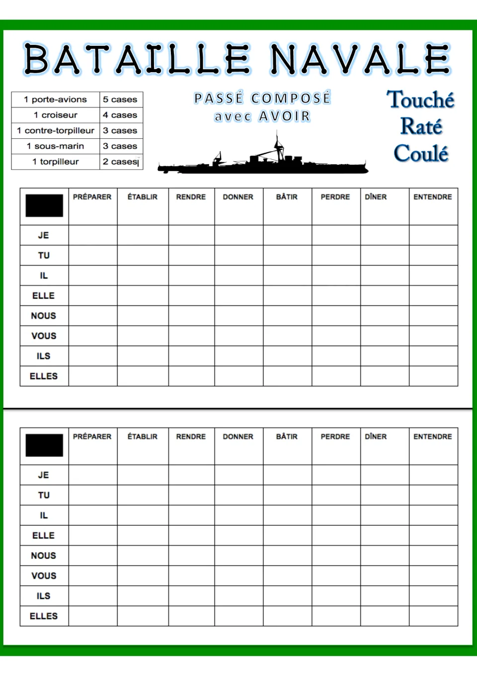 Board 2 verbs: préparer, établir, rendre, donner, bâtir, perdre, dîner, entendre, with je to elles pronouns
