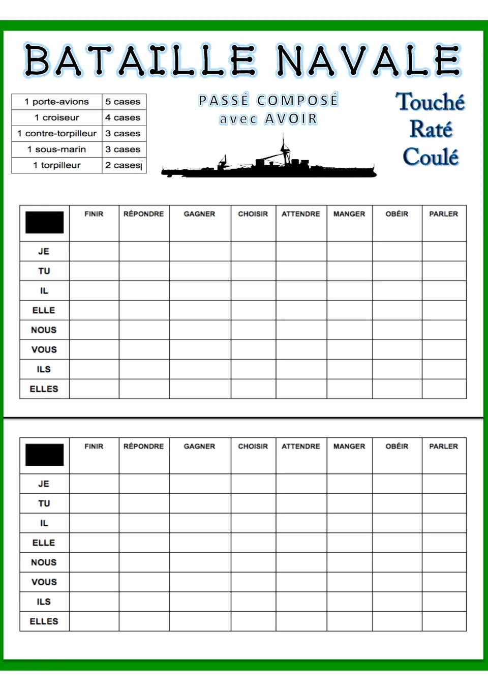 Board 4 verbs: finir, répondre, gagner, choisir, attendre, manger, obéir, parler, listed with je to elles pronouns