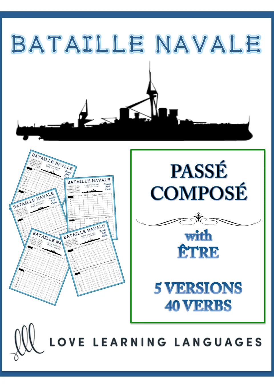 French battleship game cover for passé composé with être (to be), labeled '5 versions' and '40 verbs'