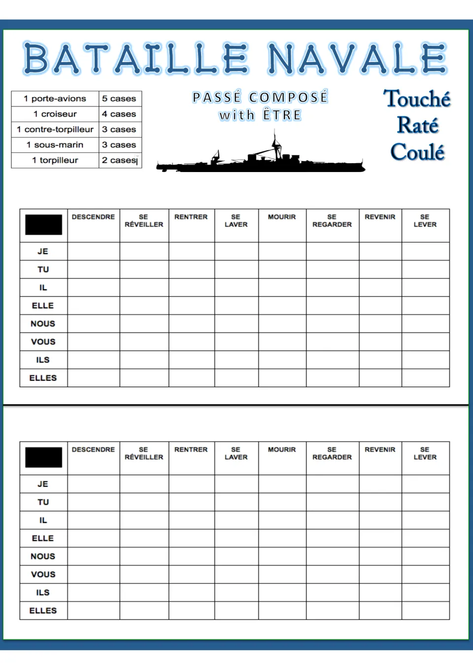 French battleship version 3: descendre (to go down), se réveiller (to wake up), and six more verbs, repeated twice