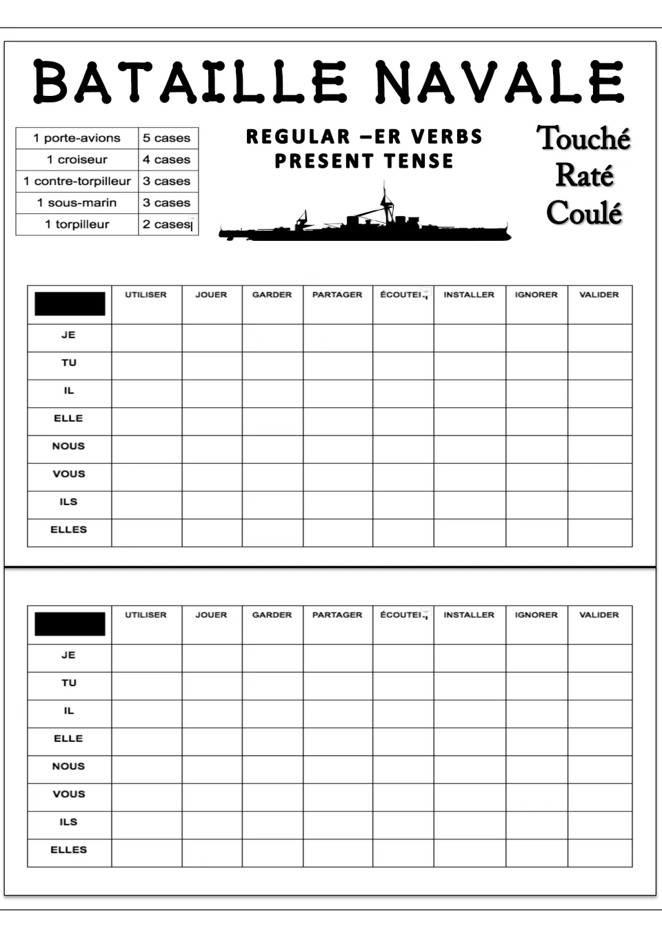 French Battleship game 1: utiliser (use), jouer (play), garder (keep) and five more verbs, each listed twice