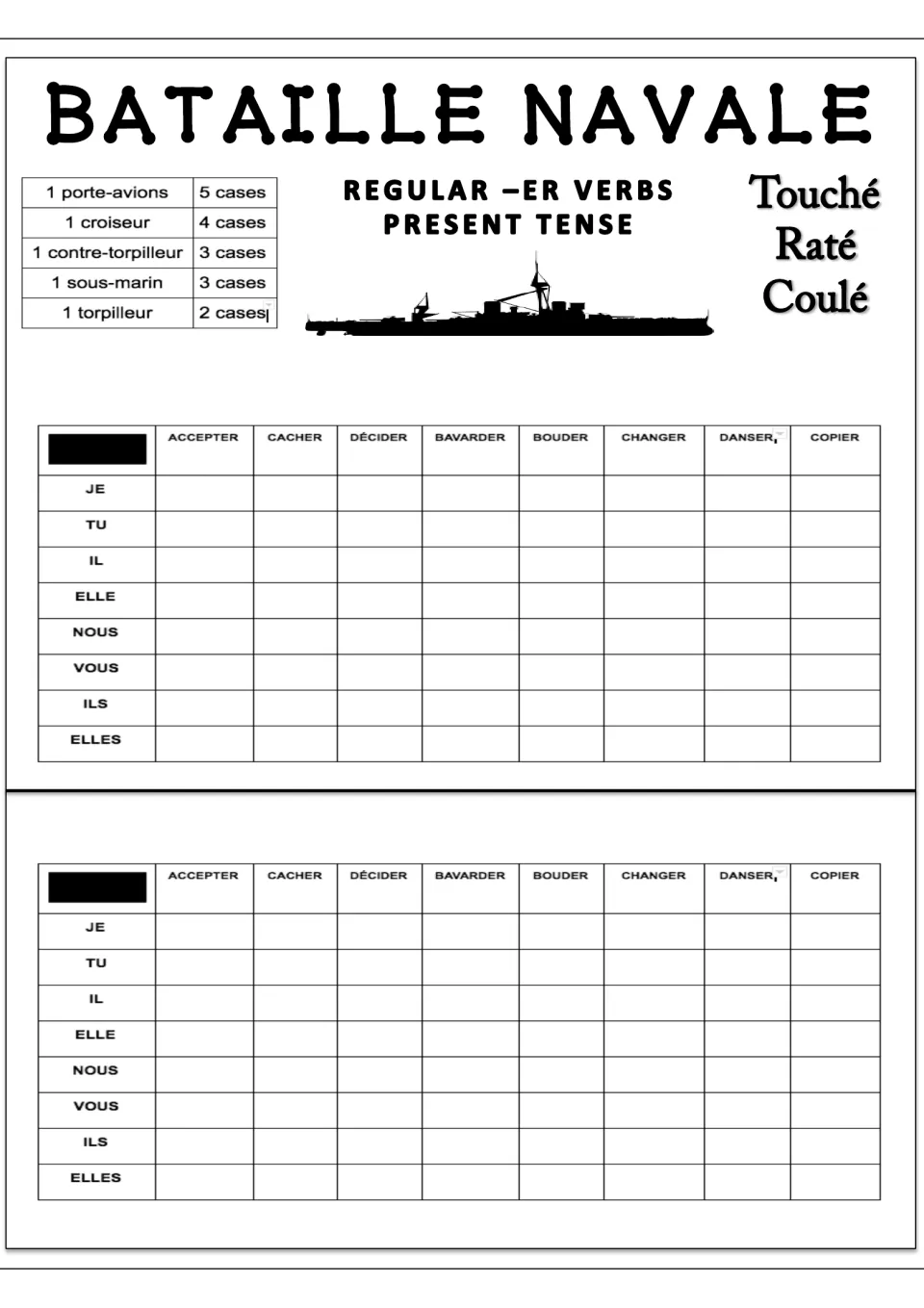 French Battleship game 2: accepter (accept), cacher (hide), décider (decide) and five more verbs listed twice