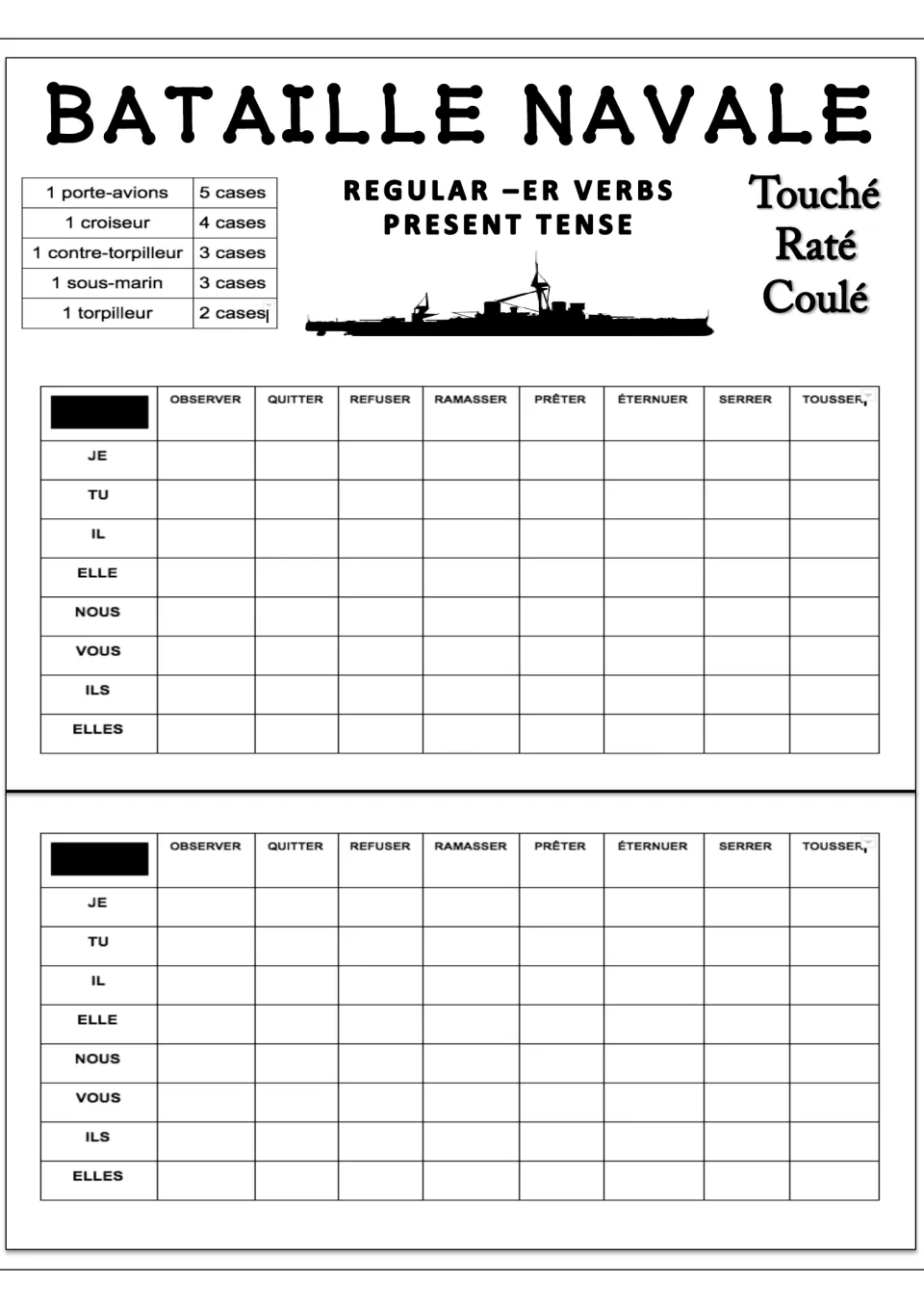 French Battleship game 3: observer (observe), quitter (leave), refuser (refuse) and five more verbs listed twice