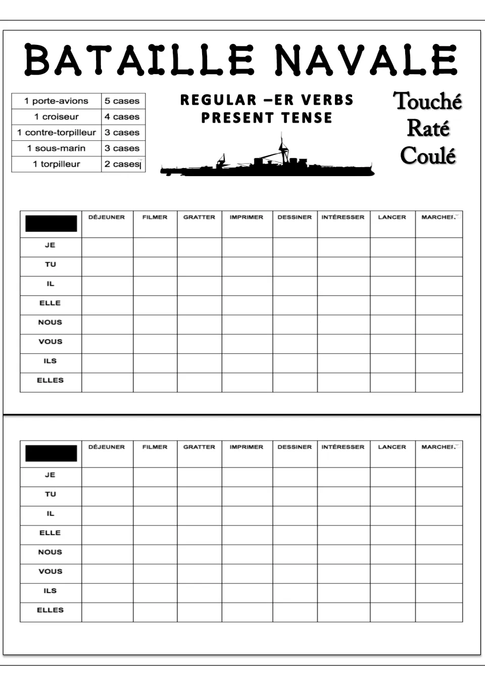 French Battleship game 4: déjeuner (eat lunch), filmer (film), gratter (scratch) and five more verbs listed twice