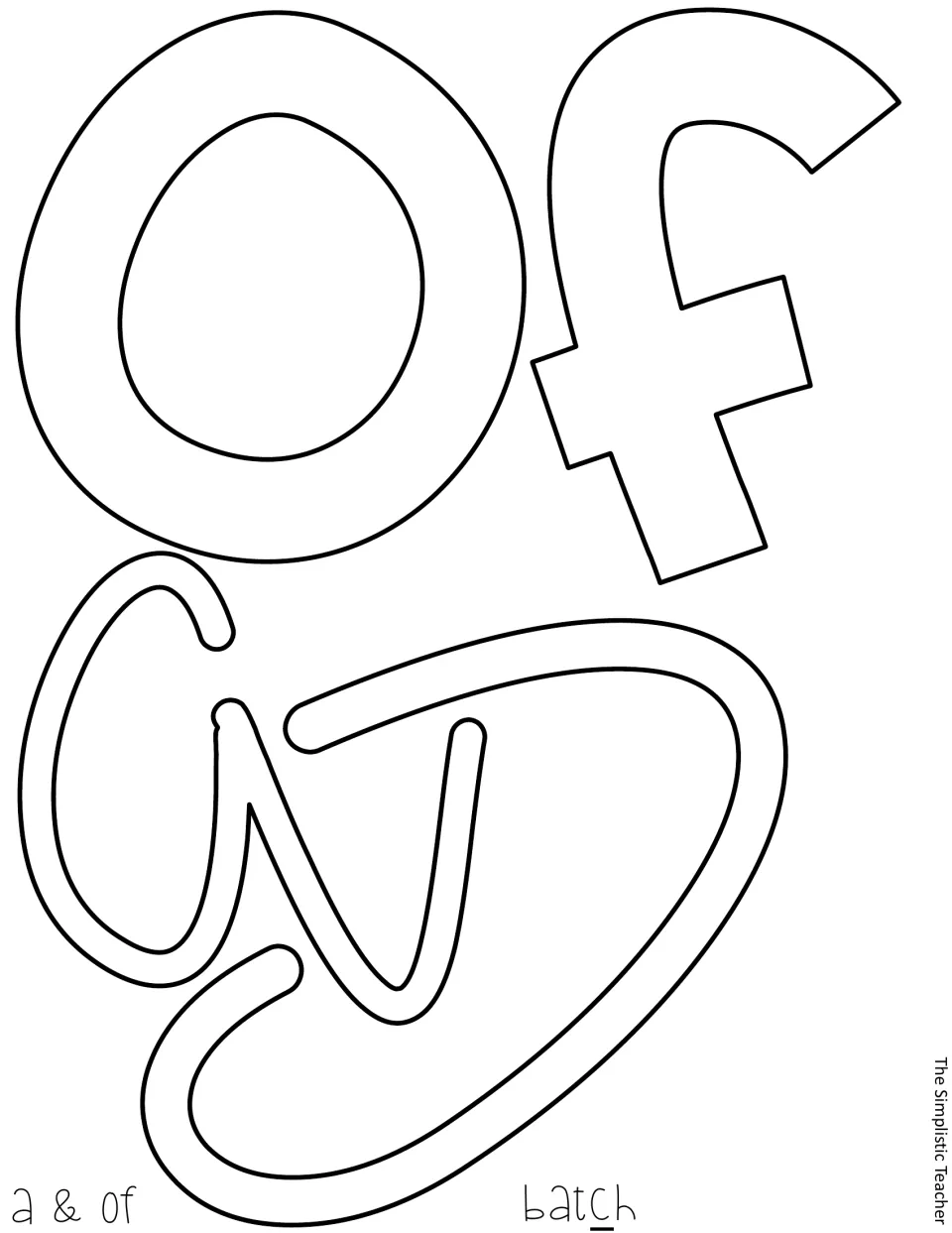 Cut-out pieces: outlined letters o and f for of, plus script a and c pieces, labeled a & of and batch
