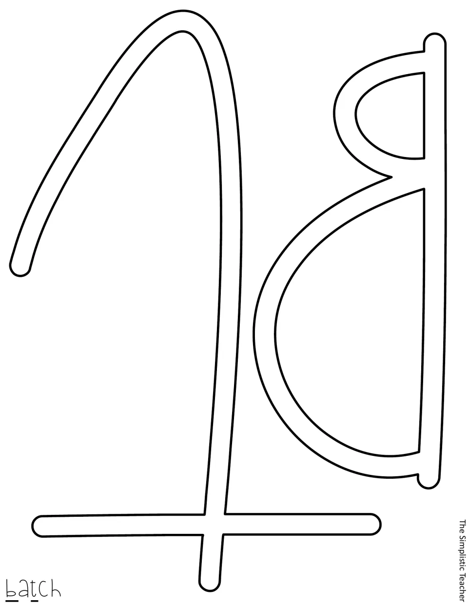Cut-out pieces: outlined script letters b and t for the word batch, shown by underlines in the corner label