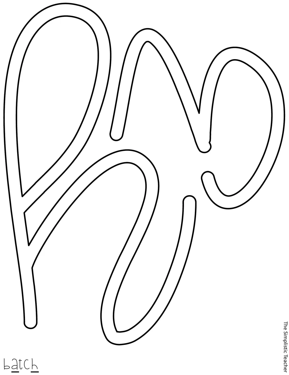 Cut-out pieces: outlined script letters a and h for the word batch, set sideways to fit the page