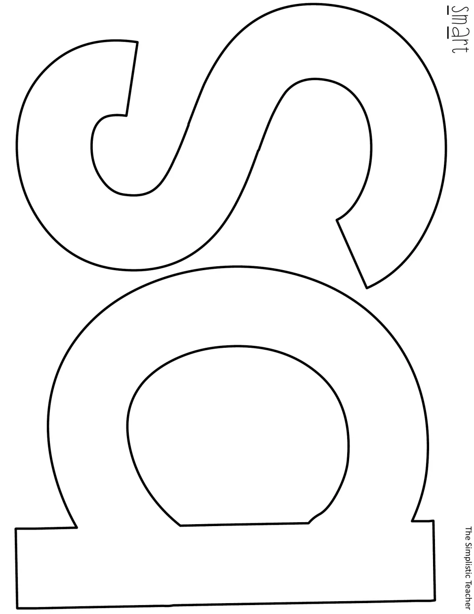 Cut-out pieces: large outlined bubble letters s and a for the word smart, turned to fit the page