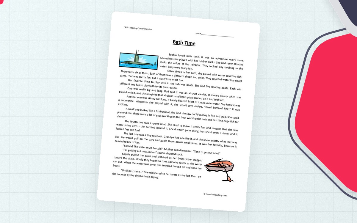 Bath Time Reading Comprehension Worksheet preview: Bath Time story about Sophia and her toys