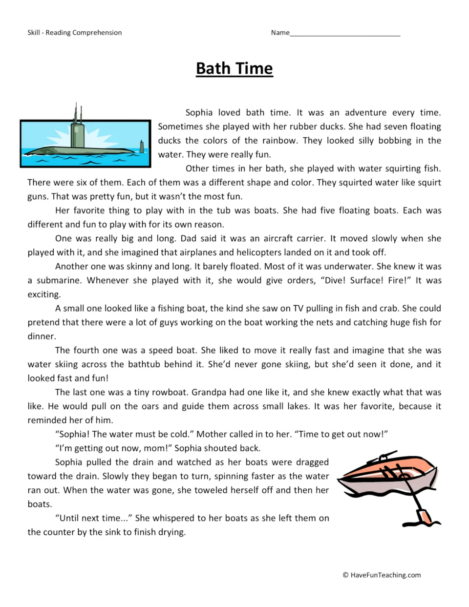 Bath Time story: students read how Sophia plays with rubber ducks, squirting fish and five toy boats in her bathtub