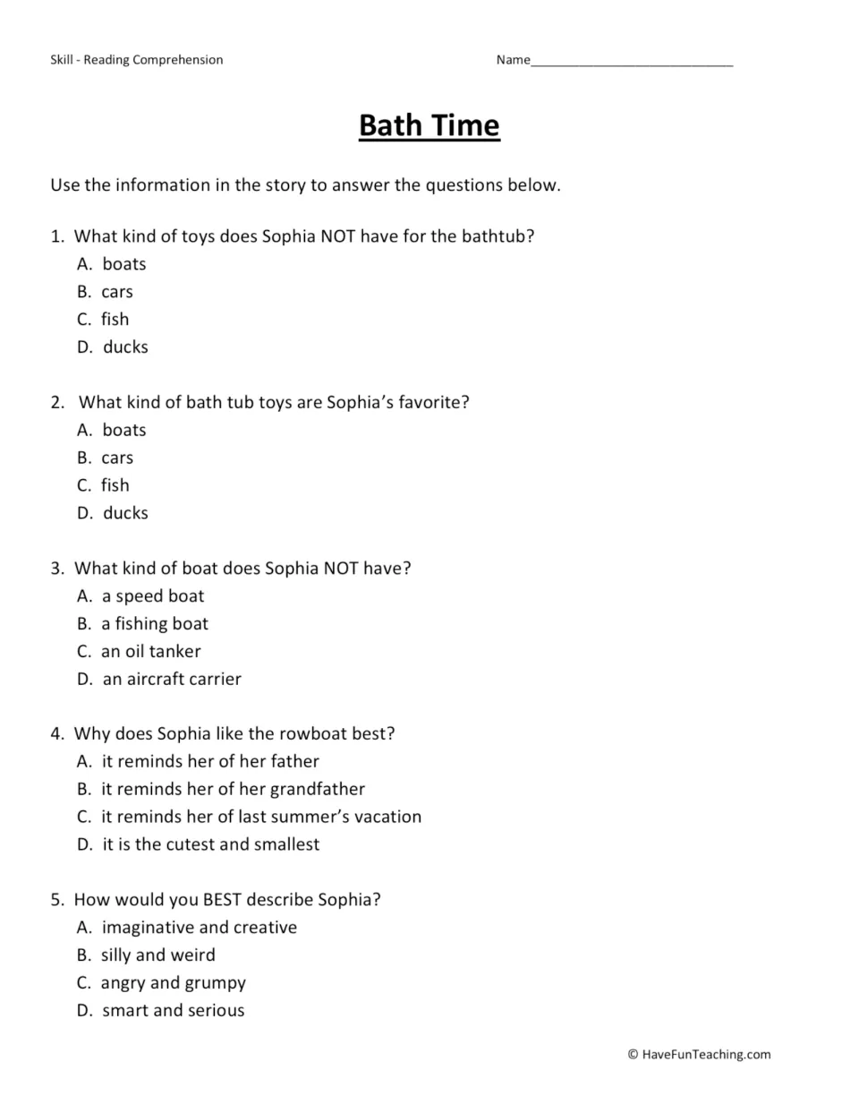 Bath Time questions: students answer 5 multiple-choice items on Sophia's bath toys, her favorite boat and her character