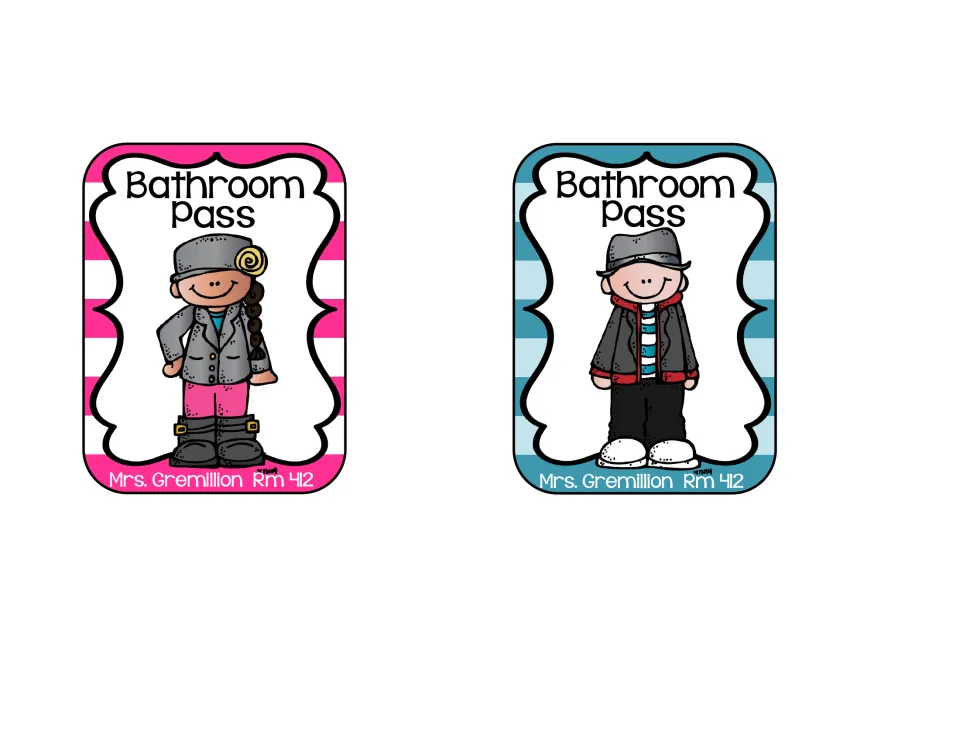 Two bathroom passes, a pink one with a cartoon girl and a teal one with a boy, each marked Mrs. Gremillion Rm 412